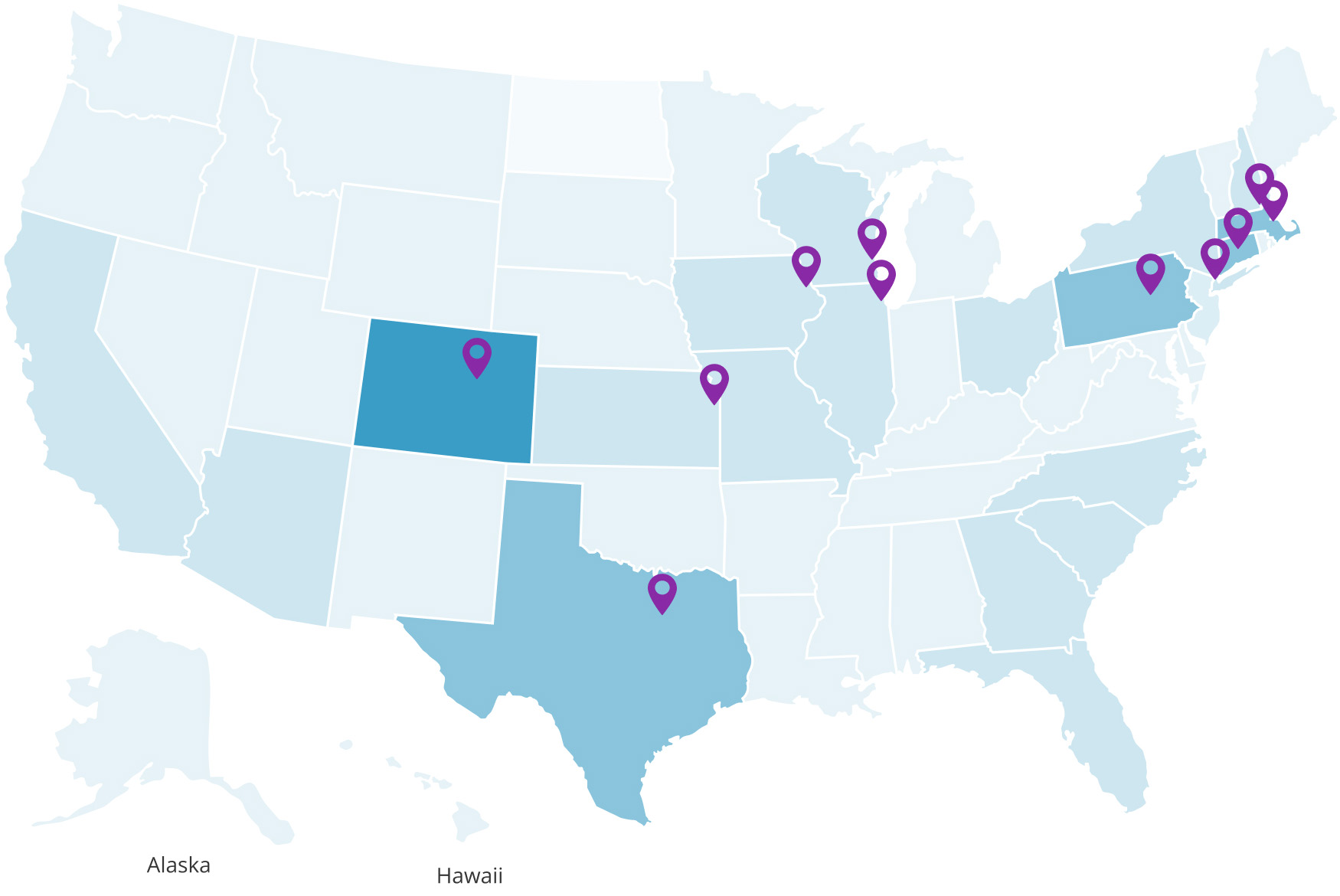 A United States map featuring purple pins that highlight the locations within the country.