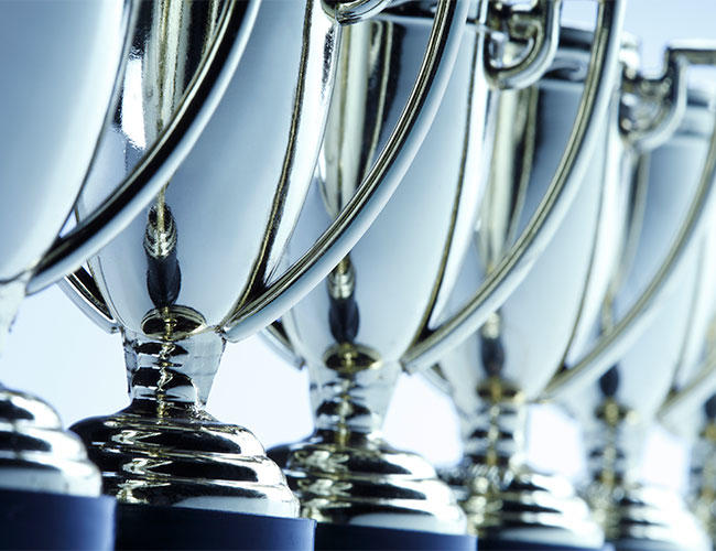 Close up view of awards trophies