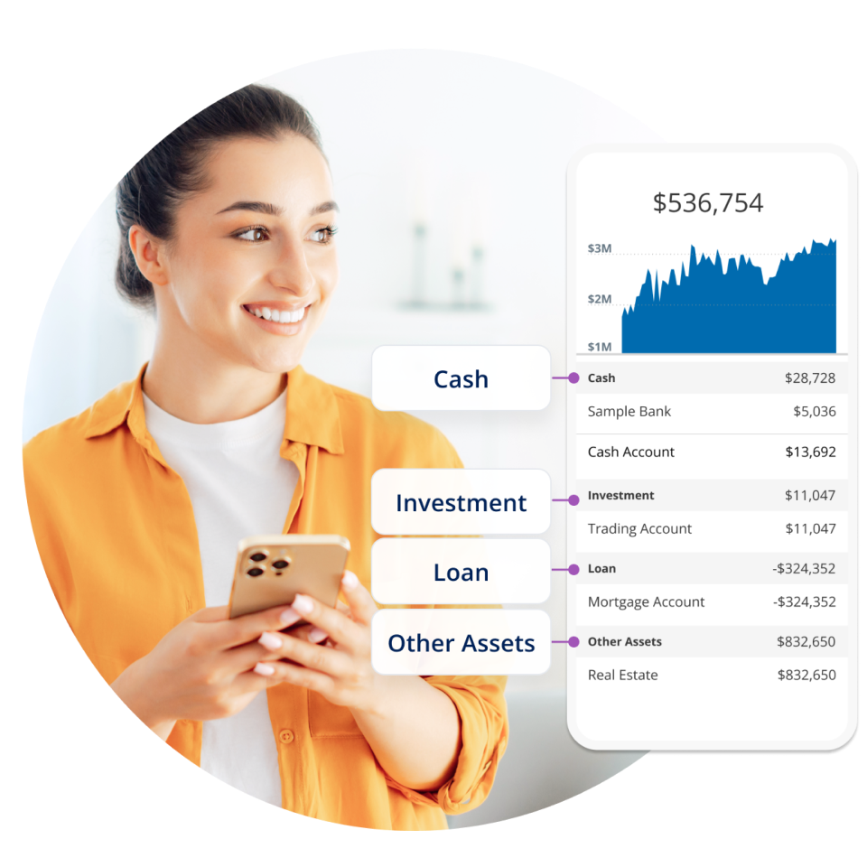 A cheerful woman uses a mobile app to review her bank account, reflecting confidence and ease in managing her finances.